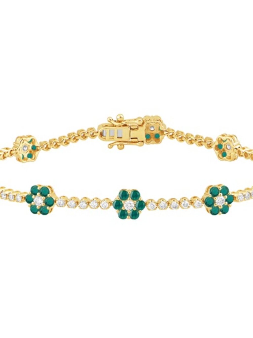 2.53 Carat Natural Diamond and Emerald Flower Bracelet 14K Yellow Gold